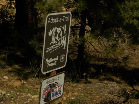 1992 Ford Bronco - A sign indicates a trail adoption program in a wooded area, sponsored by a Bronco enthusiast group.