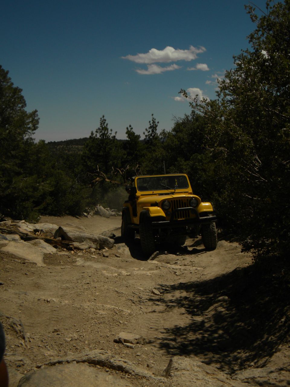 Yellow Jeep CJ driving on a rocky, off-road trail with trees and blue sky