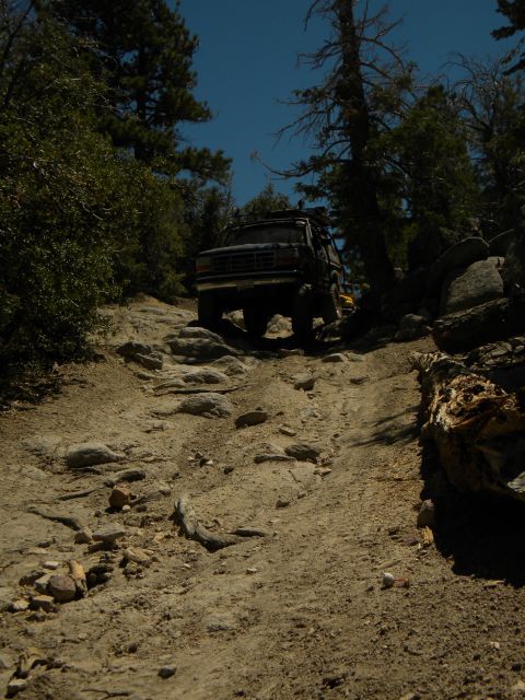 1992 Ford Bronco - Ford Bronco navigating a challenging off-road path through a wooded mountain area.