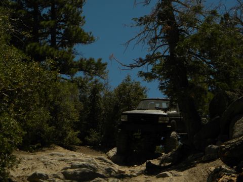 1992 Ford Bronco - A 1992 Ford Bronco navigates a challenging off-road path through a wooded, rocky landscape.