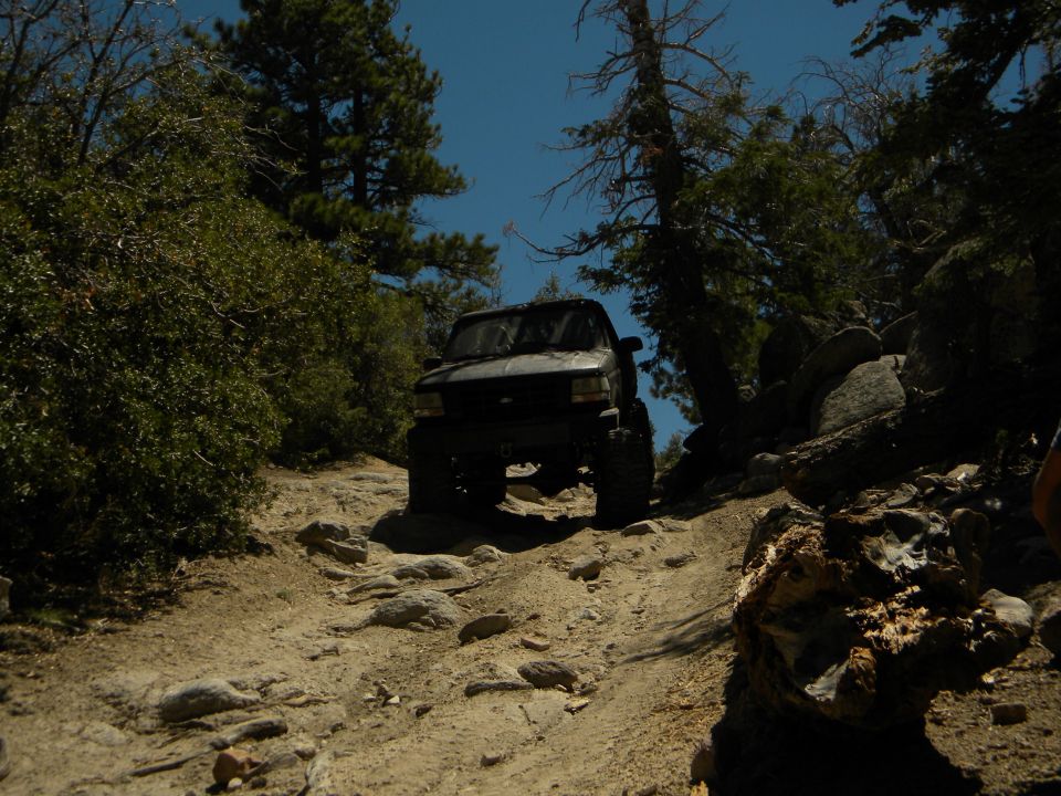 1992 Ford Bronco climbing a steep, rocky mountain trail with trees on either side