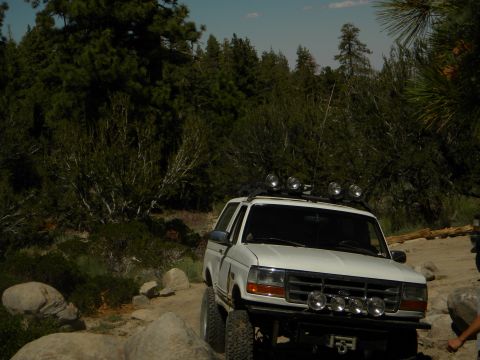 1992 Ford Bronco - White 1992 Ford Bronco navigates a rocky trail surrounded by trees.