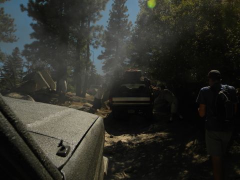1992 Ford Bronco - A convoy of off-road vehicles navigates a dusty, wooded trail on a sunny day.