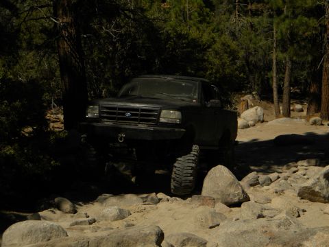 1992 Ford Bronco - A black 1992 Ford Bronco navigates a rocky trail surrounded by trees.