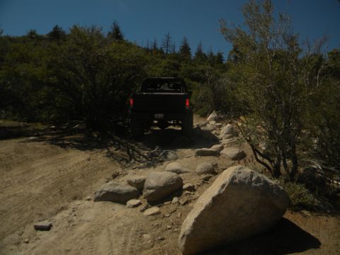 1992 Ford Bronco - A 1992 Ford Bronco navigates a challenging, rocky off-road path surrounded by dense vegetation.