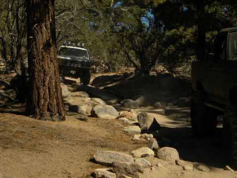 Two off-road vehicles driving on a rocky trail in a wooded area. One vehicle is in the foreground on the right