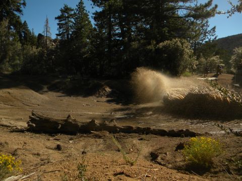 Off-road vehicle kicking up a huge spray of mud while driving through a muddy track in a wooded area