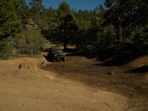 Dark off-road vehicle driving on a dirt track in a wooded area