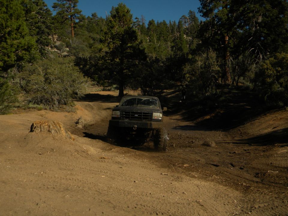 Ford Bronco driving through mud on a dirt trail with trees on either side