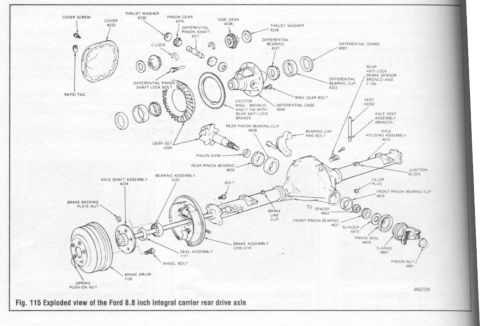 1996 Ford Bronco - This diagram details the components of a Ford 8.8 inch integral carrier rear drive axle.