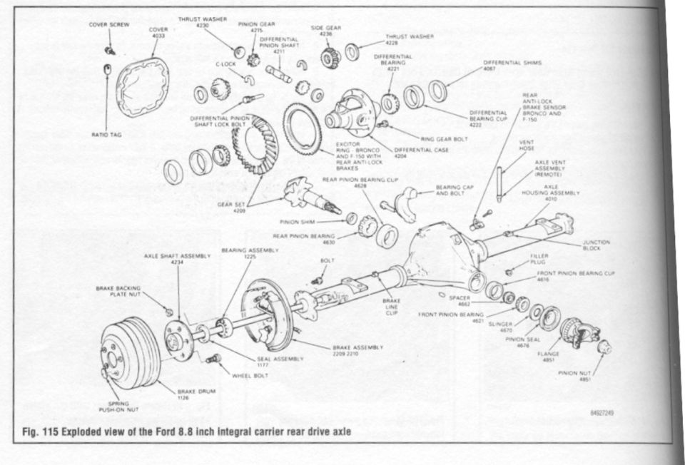 Ford 8.8-inch integral carrier rear drive axle exploded view, Fig 115, with part numbers