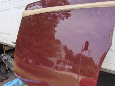 1979 Chevrolet Camaro - A close-up of a car door shows reflections of a house, trees, and a basketball hoop.
