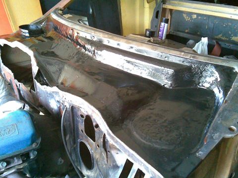 1972 Ford Ranchero - i sprayed black paint onto a wet fiberglass resin 'wash' in hopes that the paint won't ever peel off