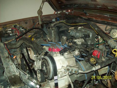 1985 Ford Bronco - The engine bay of a 1985 Ford Bronco shows its V8 engine components and wiring.