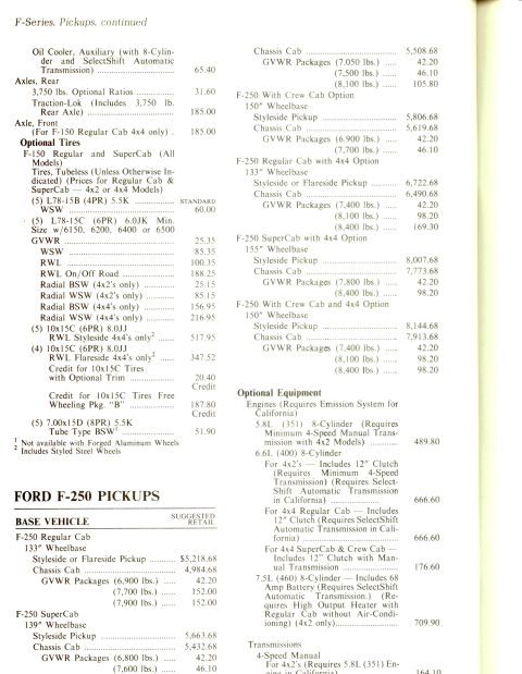 1979 Ford Bronco - This document details pricing and specifications for various Ford F-250 pickup truck configurations and optional equipment.