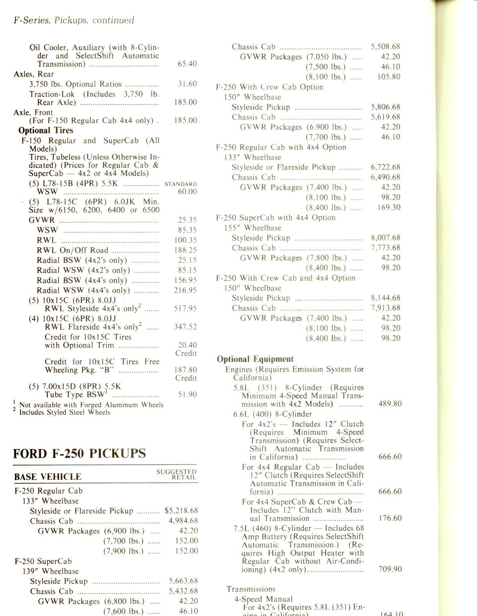 Ford F-Series pickup price list page with optional tires, axles and F-250 base vehicle pricing