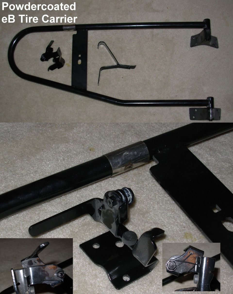 The one that was on the truck when he bought it had obviously been damaged & repaired at least once, and it doesn't work or look right.  This one came from BroncoHut, and took a couple of hours to sandblast before going to National Paint for powdercoating.  With new bushings & some Lithium grease, it's ready to install.  Only the hardware for the tire bracket has to be transferred.