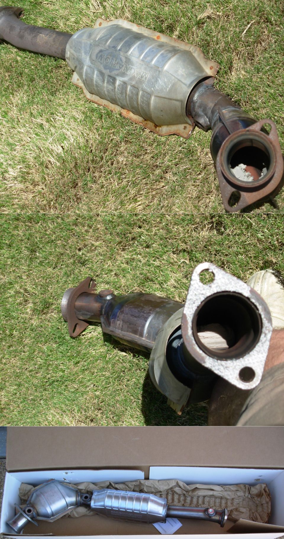 The original plastic intake finally blew, and the misfiring caused by the coolant leaking into the plug wells resulted in the new L cat overheating. So now both cats are new.

Note that the latest version includes 2 downstream bungs & 1 plug.