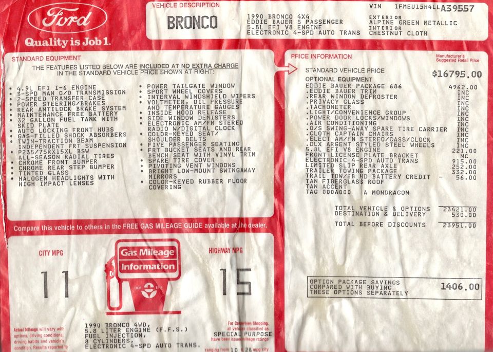 1990 Ford Bronco 4x4 Eddie Bauer window sticker with 5.8L EFI V8, 4-speed auto and 11/15 MPG