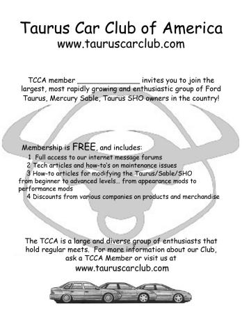 2002 Ford Taurus - A black-and-white Taurus Car Club of America recruitment flyer headed 'www.tauruscarclub.com', with a blank line for a member's name and a…