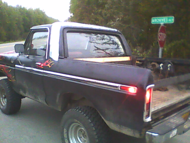 Lifted black Ford 4x4 half cab with white top and flame graphics, dogs in the open bed at a stop sign