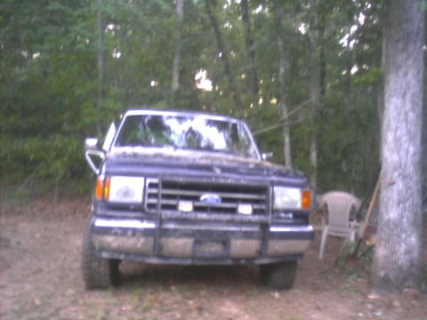 1990 Ford Bronco - This Ford F-Series truck is parked in a wooded area with a chair visible in the background.