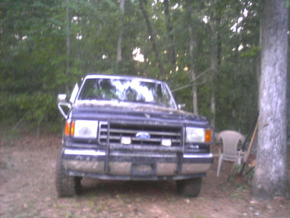 Front view of a dark-colored Ford F-Series truck, likely from the late 1980s, parked outdoors in a wooded area