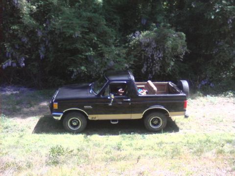 1990 Ford Bronco - This 1990 Ford Bronco is shown from the side, parked in a grassy area with trees in the background.