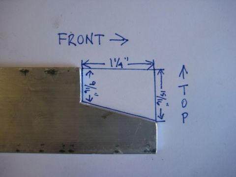 2008 Ford F-250 - Dimensioned fabrication sketch overlaid on a photo of a metal bar, marking front and top with cut dimensions of 1 1/4 inch and fractional o…