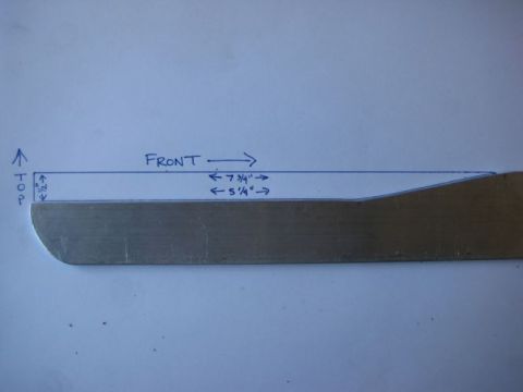 2008 Ford F-250 - Dimensioned fabrication sketch overlaid on a photo of a long metal bar, marking front and top with 7 3/4 and 5 1/4 inch taper measurements.