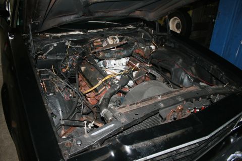 1973 Ford Ranchero - Engine bay of a 1973 Ford Ranchero, showing the V8 engine and associated components.