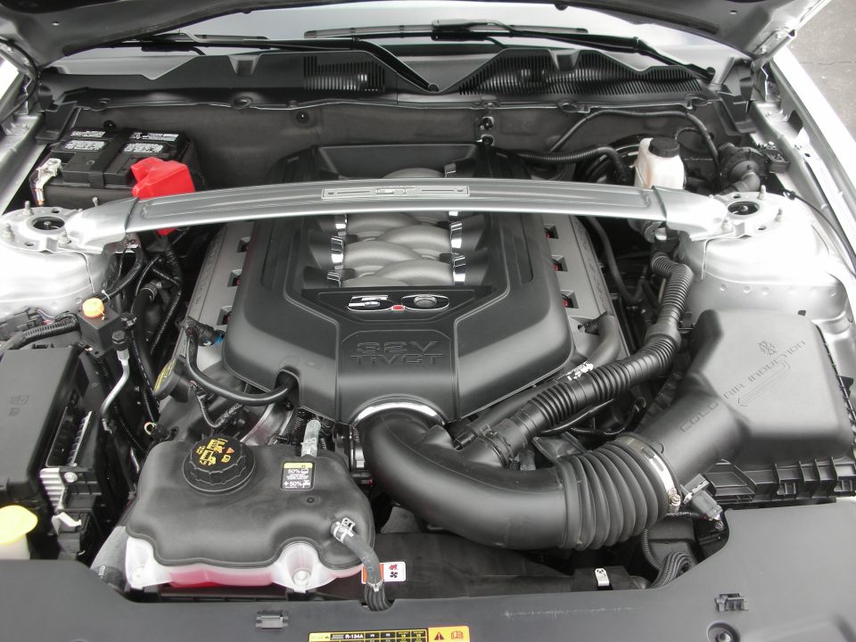Ford 5.0L V8 engine with intake tubing and coolant reservoir