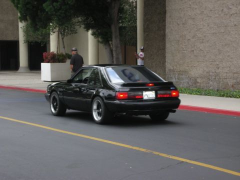 1998 Ford Crown Victoria - A black Ford Mustang from the early 1990s is seen from the rear.