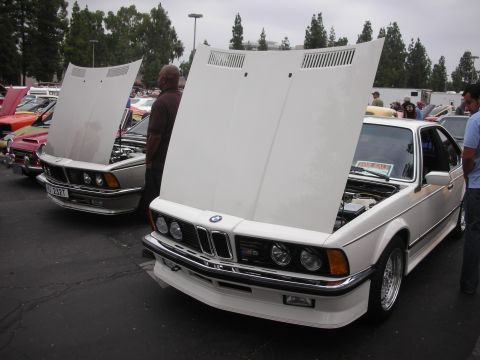 1998 Ford Crown Victoria - Two BMWs with hoods up at a car meet. One is a white M635CSi.