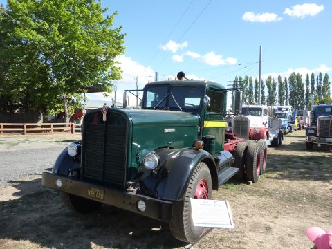 1981 Kenworth W900A - A green 1981 Kenworth W900A truck is displayed with other vehicles under a bright sky.