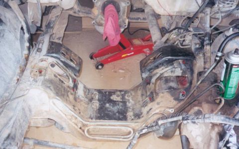 1987 Ford Bronco - the dark black brackets are from the 96 f350, this is what the 460 sits on. the red dots are where the 300-6 brackets sat.