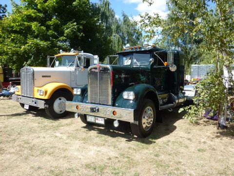 1981 Kenworth W900A - Two classic Kenworth trucks are displayed outdoors, with one in dark green and the other in white with yellow accents.