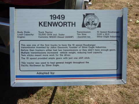1981 Kenworth W900A - This sign describes a 1949 Kenworth truck tractor, not a 1981 model.