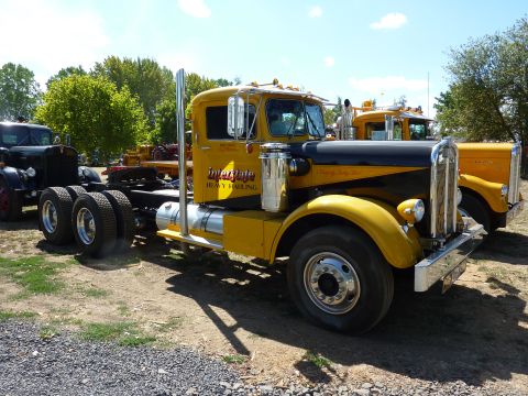1981 Kenworth W900A - A yellow and black semi-truck with 'Interstate Heavy Hauling' text on the door is parked next to another truck.