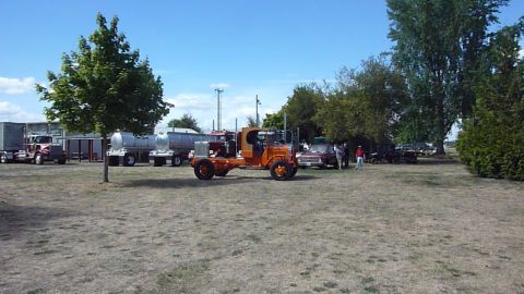 1981 Kenworth W900A - Several trucks and trailers are parked in an outdoor lot under a clear blue sky.