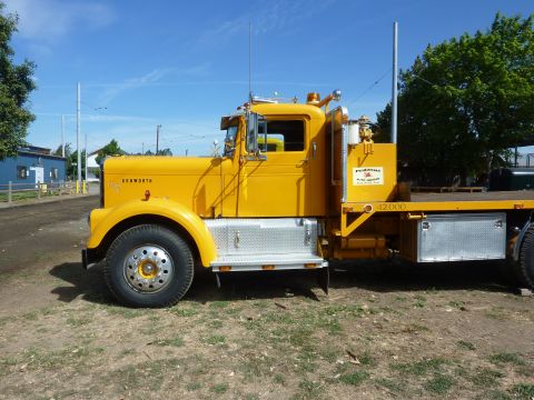 1981 Kenworth W900A - A yellow flatbed truck is seen from the side, a Kenworth badge and a Pegasus logo on its side panel.