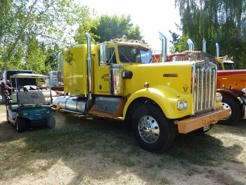 1981 Kenworth W900A - A bright yellow Kenworth semi-truck is parked on a grassy area, with a golf cart to its left and another truck partially visible behind it.