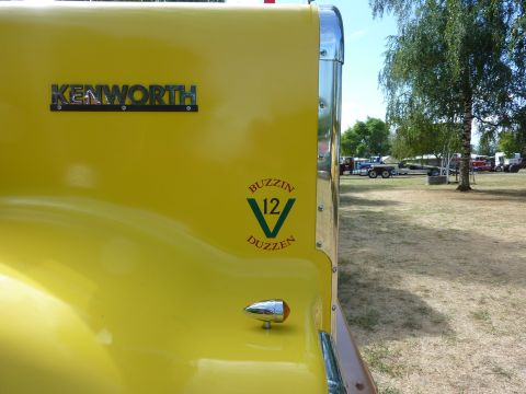 1981 Kenworth W900A - A yellow Kenworth truck is parked outdoors with other vehicles visible in the background.
