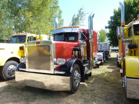 1981 Kenworth W900A - A row of semi-trucks, including a red one with prominent chrome details, are parked outdoors on a sunny day.