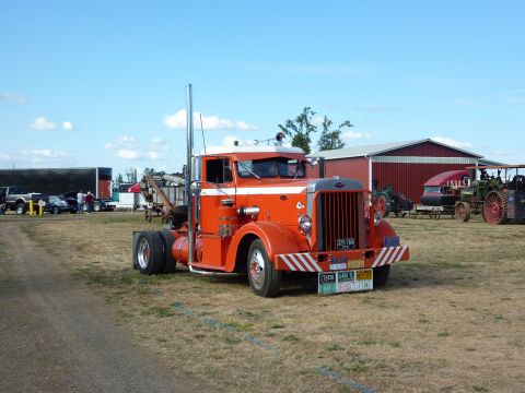 1981 Kenworth W900A - An orange semi-truck is parked on a grassy field with other vehicles and buildings in the background.