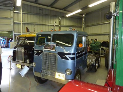 1981 Kenworth W900A - Two classic trucks are displayed indoors, one blue and one black with a yellow cab.