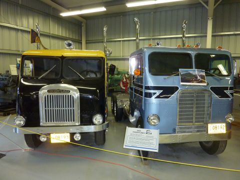 1981 Kenworth W900A - Two vintage Freightliner semi-truck cabs are displayed side-by-side in a garage setting.
