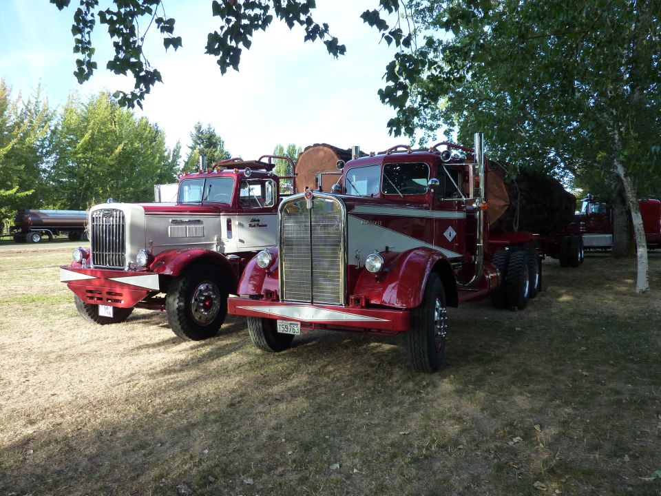 Two vintage red and silver semi-trucks parked on grass, one with logs
