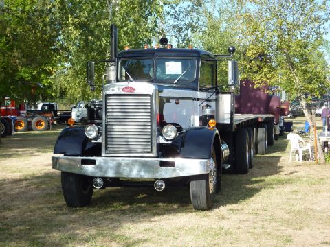 1981 Kenworth W900A - A classic black and chrome Peterbilt 359 truck is parked on a grassy field with other vehicles in the background.