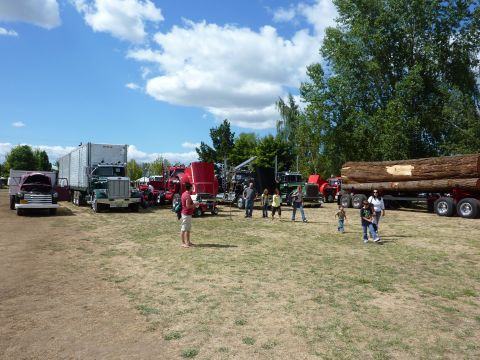 1981 Kenworth W900A - A collection of semi-trucks are displayed outdoors on a sunny day, with several people observing the vehicles.